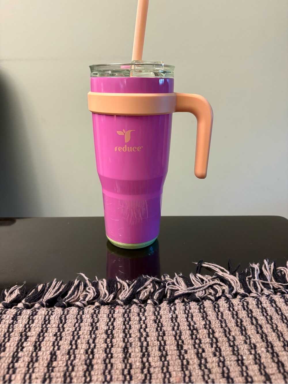 Pink and Peach Insulated Travel Tumbler with Handle and Straw
